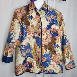 Alfred Dunner Brown Blue Floral Paisley Quilted Silk Jacket, 10
